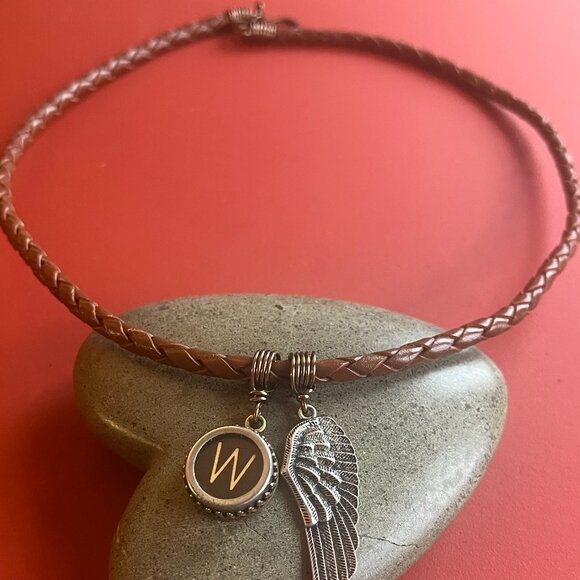 Braided Leather Necklace, Typewriter Key: Letter "W" and Angel Wing Pendants - Picture 5 of 7
